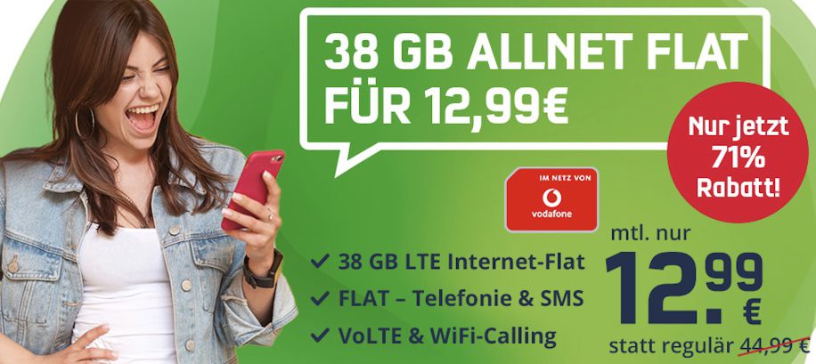 🔥 Vodafone Allnet Flat mit 38GB LTE inkl. VoLTE & WiFi Call für 12,99€ mtl.   eSIM + flexibler Vertragsbeginn mgl.