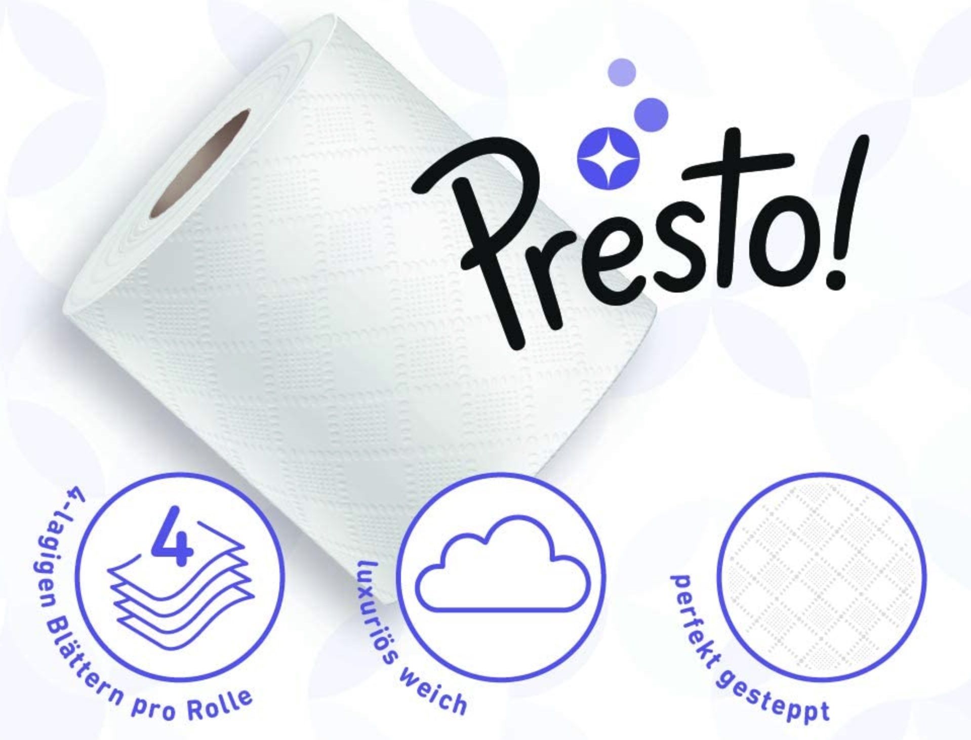 48 Rollen Presto! 4 lagiges Toilettenpapier (12 x 4 x 160 Blätter) für 15€ (statt 19€)