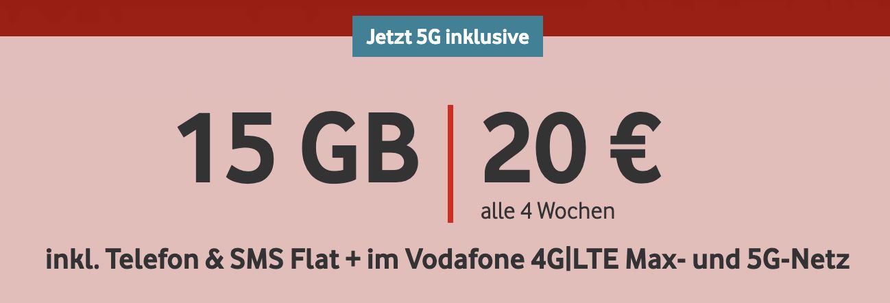 Monatlich kündbar: Vodafone CallYa Digital Prepaid mit 15GB LTE/5G für 20€ mtl. + 40€ Gutschein GRATIS