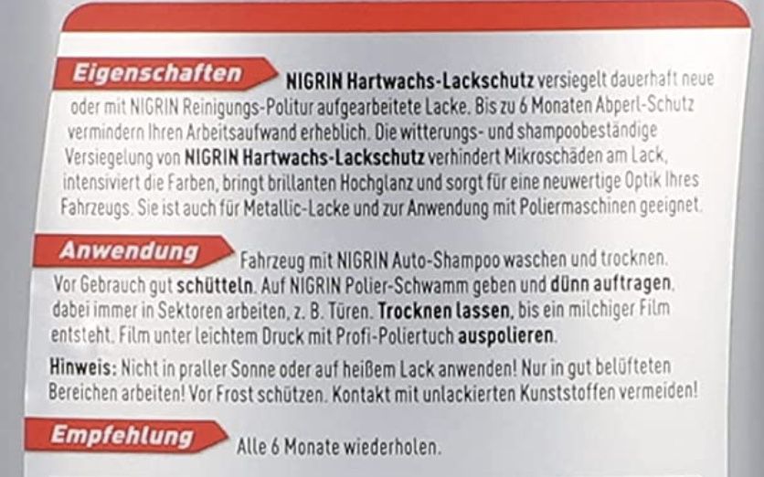 300ml NIGRIN Hartwachs Lackschutz Autowachs ab 5,27€ (statt 11€)   Prime