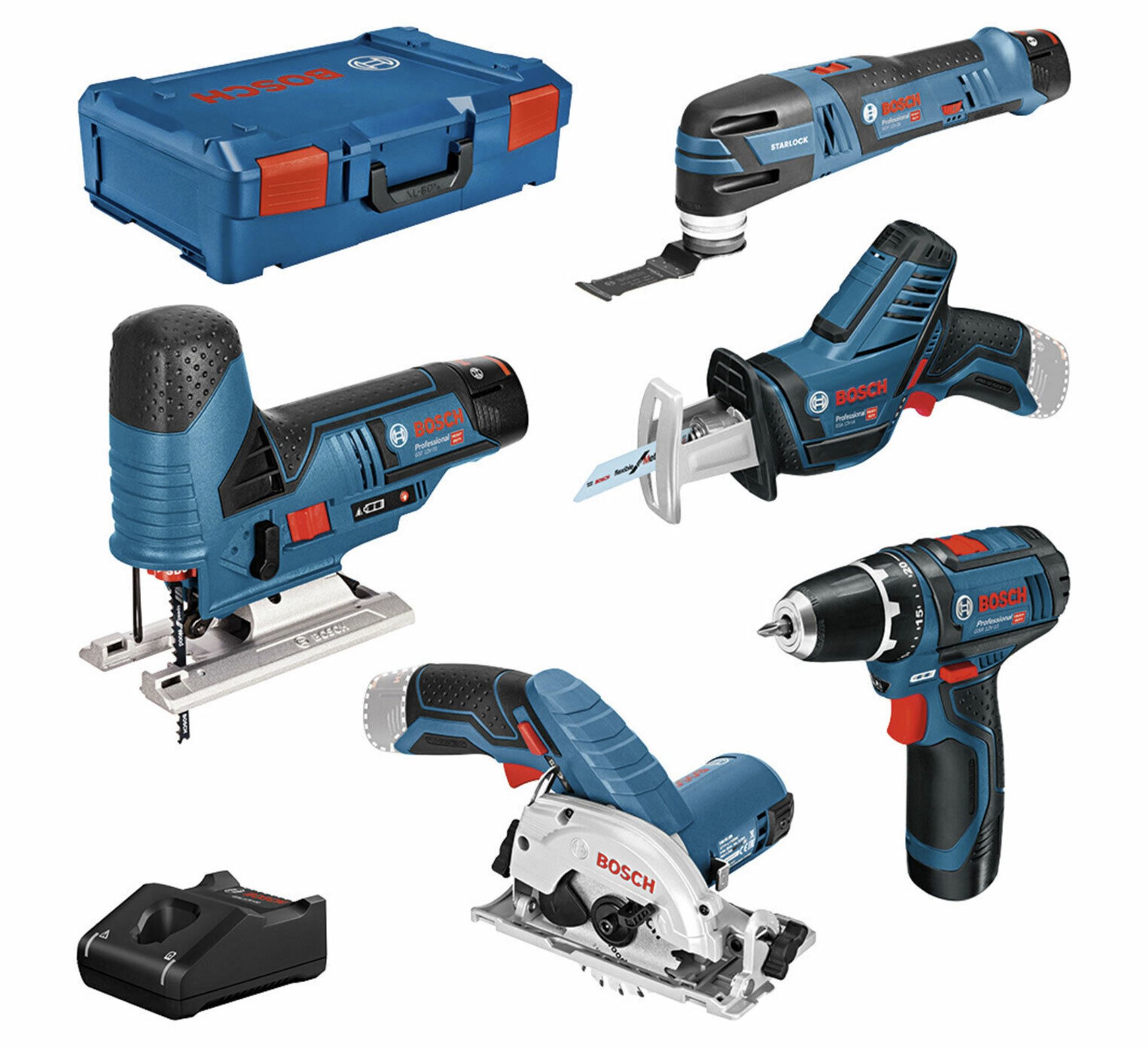 5er Set Bosch Professional 12V Akku Werkzeuge für 427,20€ (statt 480€)   Bohrschrauber, Cutter, Stichsäge uvm.