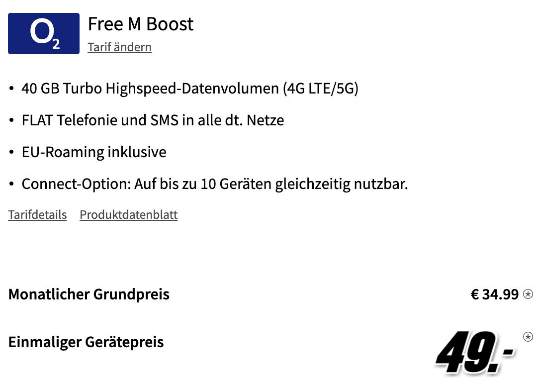Apple iPhone 13 mit 128GB für 49€ + o2 Allnet Flat mit 40GB LTE/5G für 34,99€ mtl.