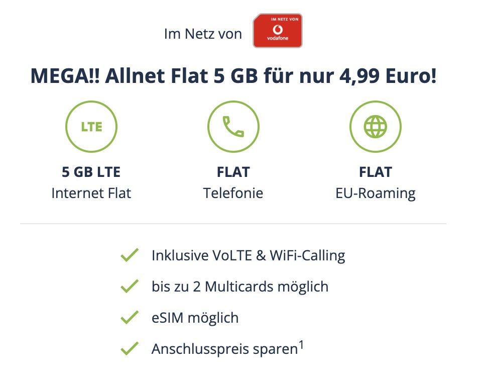 🔥 Vodafone 5GB LTE inkl. Allnet Flat (!) für nur 4,99€ mtl.   VoLTE & WiFi Call fähig!