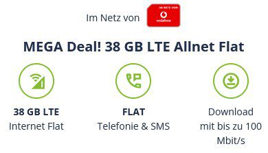🔥 Vodafone Allnet Flat mit 38GB LTE inkl. VoLTE & WiFi Call für 12,99€ mtl.   eSIM + flexibler Vertragsbeginn mgl.