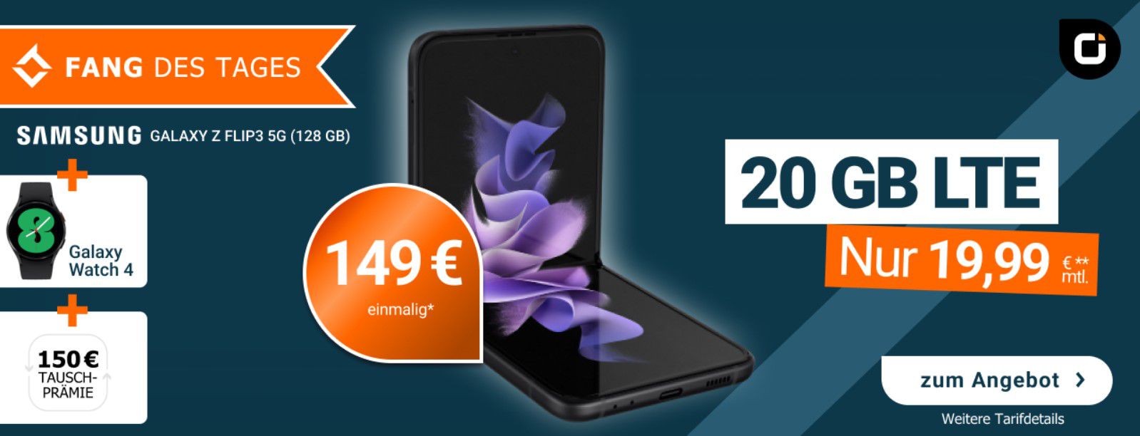 Knaller! Samsung Galaxy Z Flip3 5G 128GB + Watch4 für 149€ + Vodafone Allnet Flat 20GB für 19,99€ mtl. + 150€ Eintauschprämie