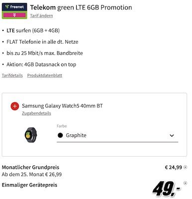 Samsung Galaxy Z Flip3 5G + Watch5 für 49€ + Telekom Allnet + 10GB LTE für 24,99€ mtl.