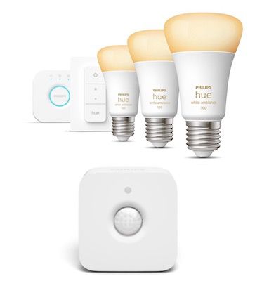 3x Philips Hue White E27 inkl. Bridge + Dimmschalter + Bewegungsmelder für 114,95€ (statt 157€)