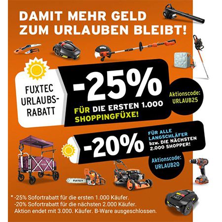Fuxtec 25% Rabatt auf ALLES &#8211; z.B. Fuxtec FX-RM5196eS-PRO Benzin Rasenmäher für 359,25€ (statt 419€)