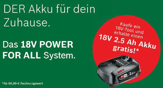 Bosch 18V Akku mit 2,5 Ah gratis beim Kauf eines 18V Tools bei teilnehmenden Händlern