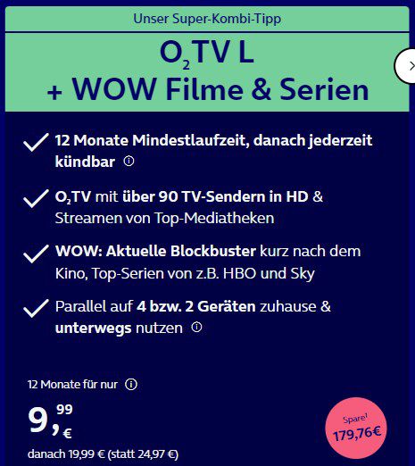 o2 TV L + 12 Monate WOW Filme und Serien ab 9,99€ mtl.