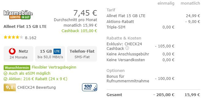 Vodafone Allnet Flat mit 15 GB LTE von klarmobil für 15,99€ mtl. + 205 Cashback + eSIM