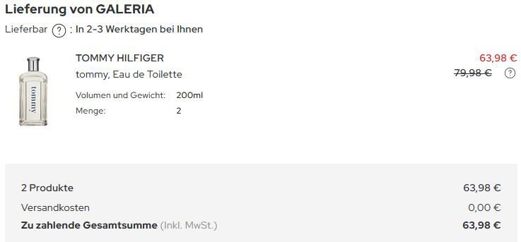 2x Tommy Hilfiger Tommy Eau de Toilette (200ml) für 63,98€ (statt 120€)
