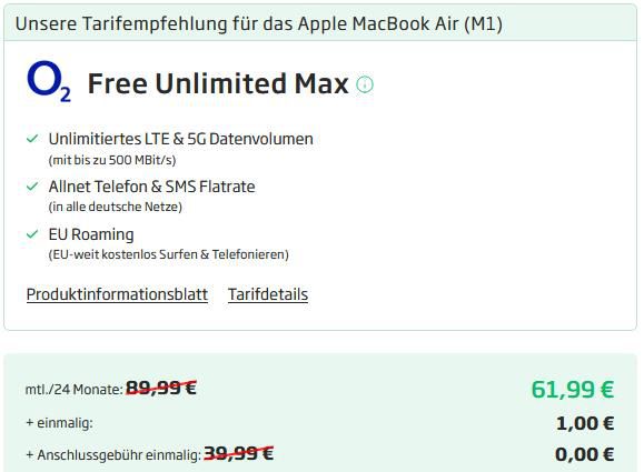 Apple MacBook Air M1 für 1€ + o2 Allnet Flat mit Unlimited LTE/5G für 61,99€ mtl.