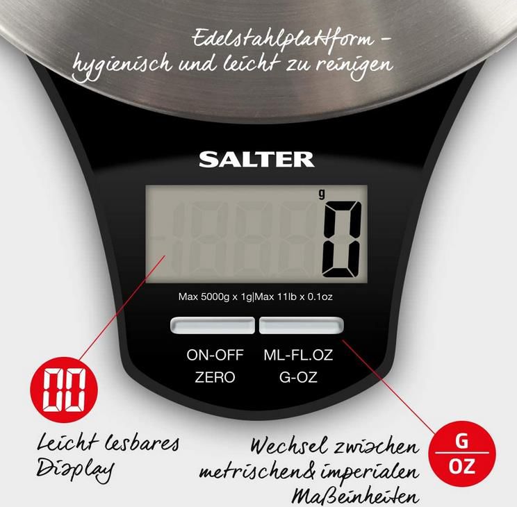 Salter 1035 SSBKDR Digitale Küchenwaage mit großem LCD Display für 13,57€ (statt 23€)