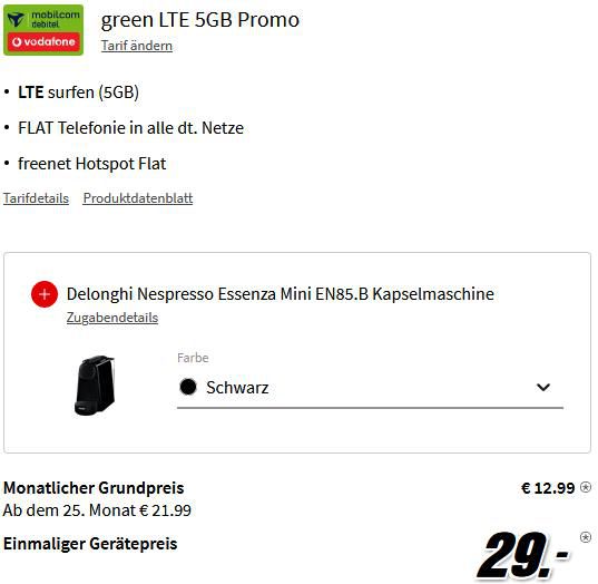 Samsung Galaxy A13 mit 64GB + Delonghi Nespresso Kapselmaschine für 29€ + Vodafone Allnet Flat mit 5GB LTE für 12,99€ mtl.