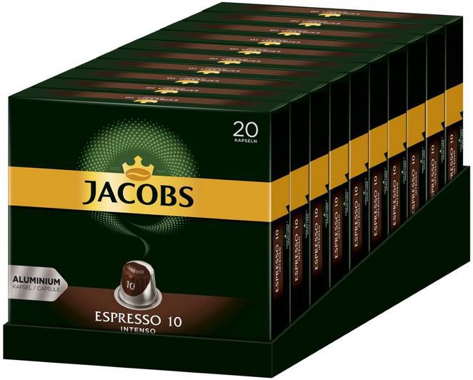 200x Jacobs Espresso Intenso Kaffeekapseln für Nespresso Automaten ab 22,42€ (statt 38€)   Prime Sparabo