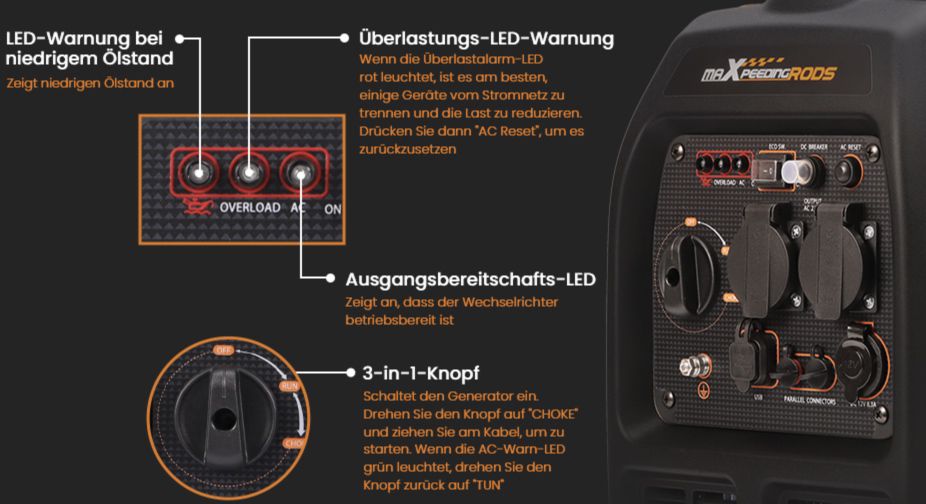 maXpeedingrods MXR3500 Benzin Stromgenerator und Inverter mit 3300W, USB & 230V Steckdosen für 559,99€ (statt 610€)