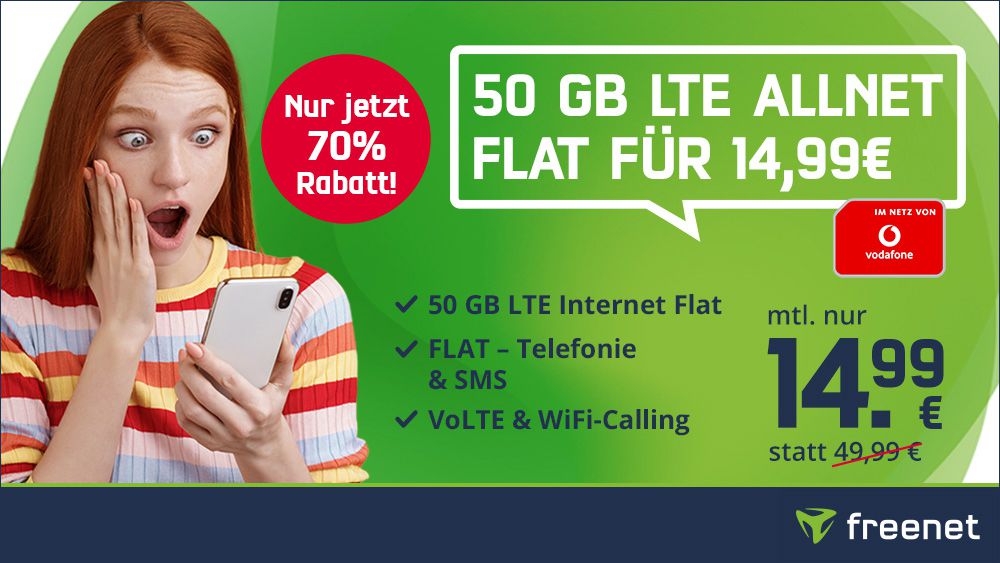 KNALLER 🔥 Vodafone Allnet Flat mit 50GB LTE inkl. VoLTE & WiFi Call für 14,99€ mtl.   eSIM möglich