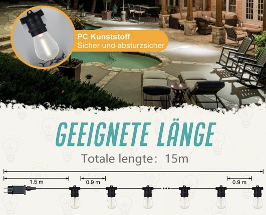 DGE 15m LED Außenlichterkette mit 15 Leuchten (+ 2 Ersatzlampen) für 19,99€ (statt 30€)