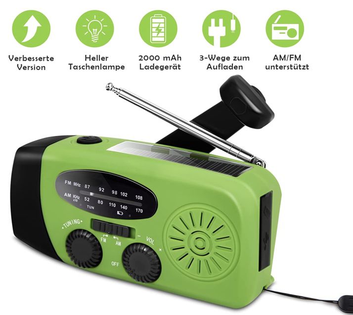 Generic Solar  & Kurbelradio mit LED Licht & 2000 mAh Akku für 15,98€ (statt 24€)