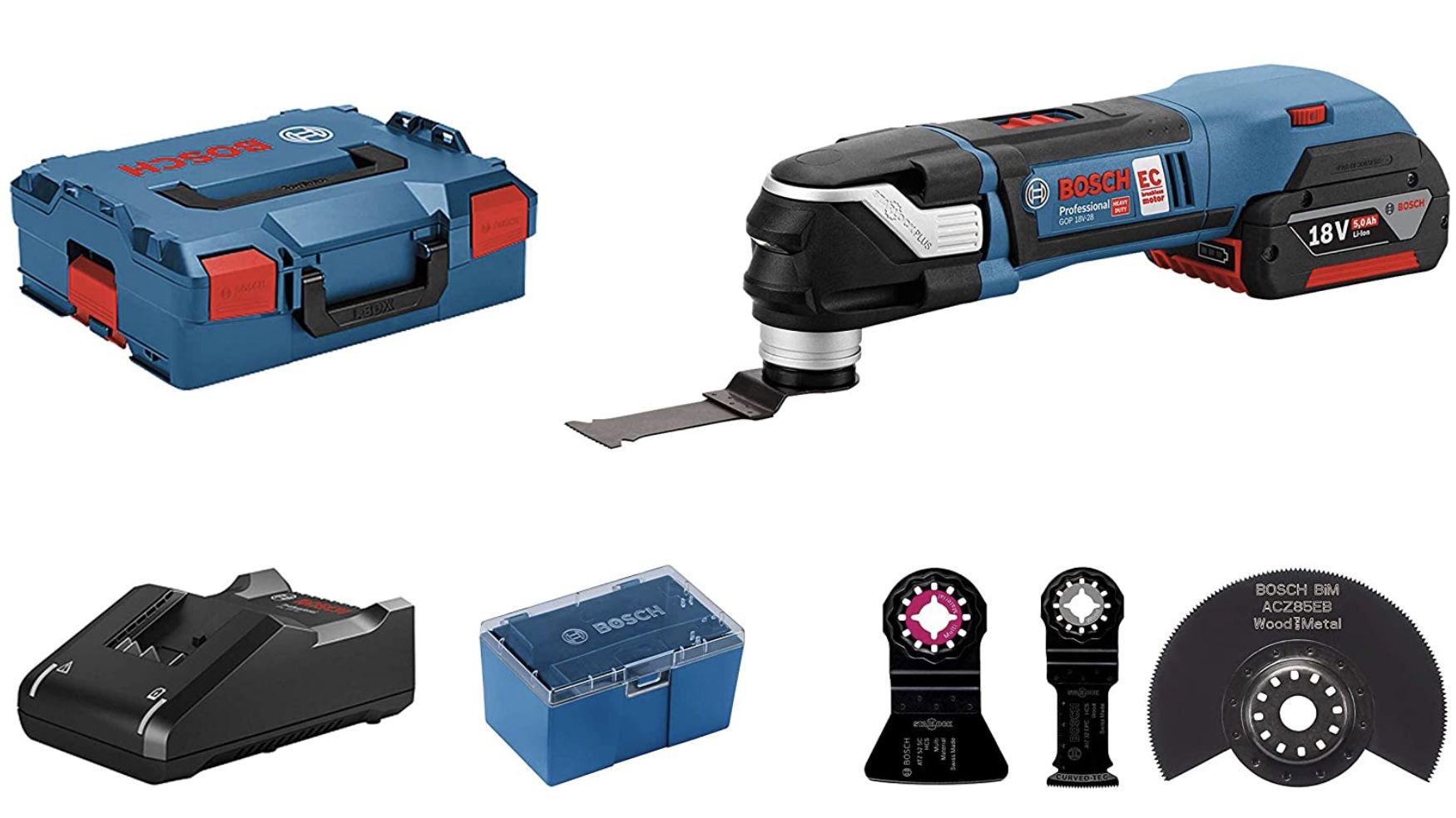 Bosch Professional Akku Multi Cutter GOP 18V 28 (inkl. 1x5.0 Ah Akku, Ladegerät GAL 18V 40, 4x Sägeblätter, in L BOXX 136) für 256,75€ (statt 337€)