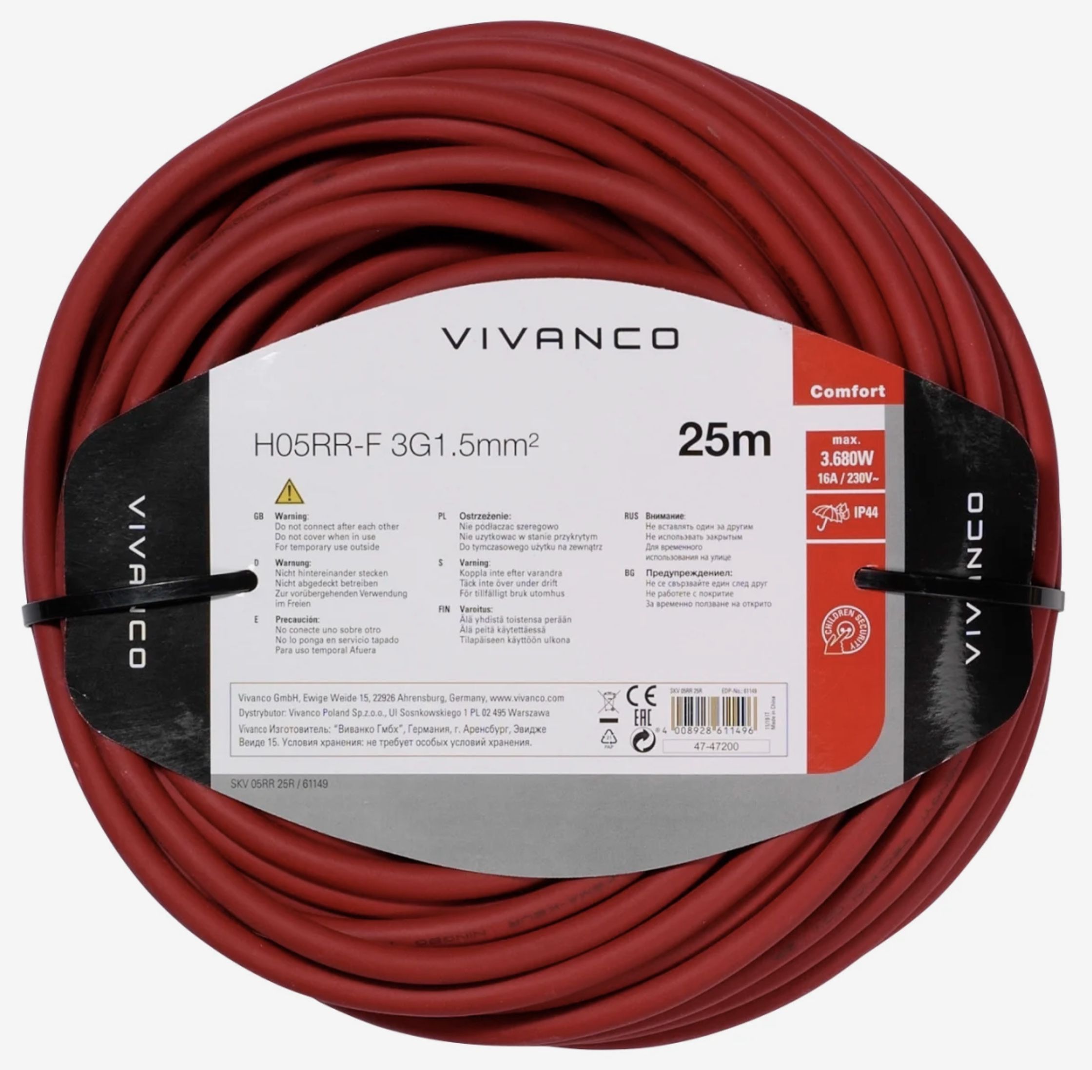 25 Meter Vivanco Outdoor Verlängerungskabel IP44 in Rot für 19,99€ (statt 50€)