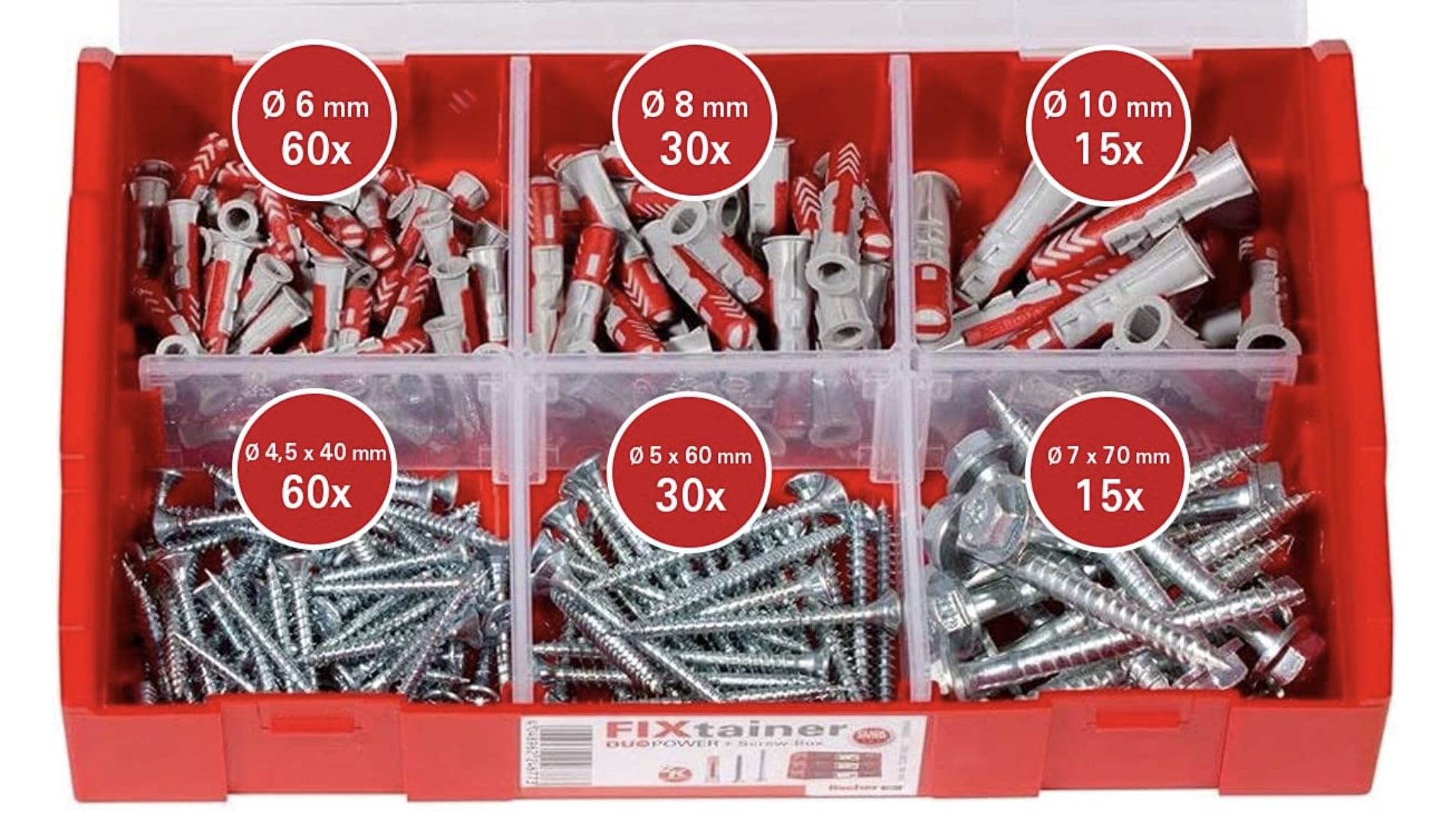 fischer FIXtainer Dübelbox mit DUOPOWER Universaldübel und Schrauben für 25,99€ (statt 35€)