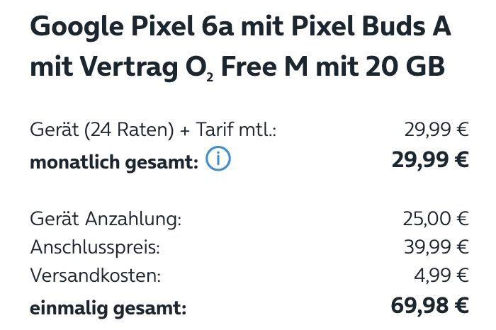 Google Pixel 6a für 25€ + GRATIS Pixel Buds A + o2 Allnet Flat mit 20GB LTE/5G für 29,99€ mtl. oder 60GB für 39,99€ mtl.