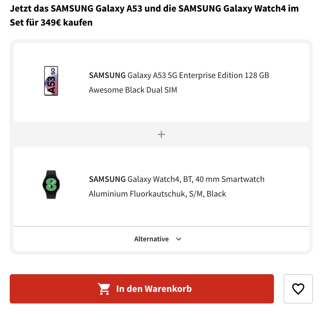 Samsung Galaxy A53 5G Enterprise Edition 128GB + Galaxy Watch4 BT 40 mm für 349€ (statt 480€)