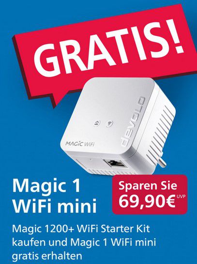 devolo Magic 1200+ WiFi Starter Kit Powerline Adapter Mesh für 67,49€ (statt 83€) + gratis MAGIC Wifi mini