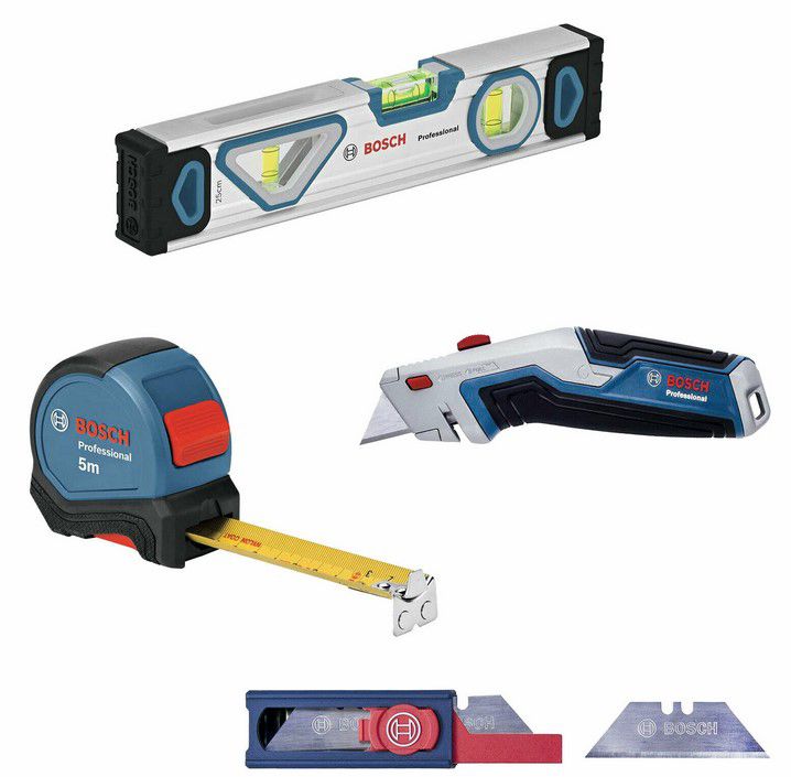 Bosch Handwerkzeug Set (Messer, Wasserwaage, Maßband) für 33,91€ (statt 48€)