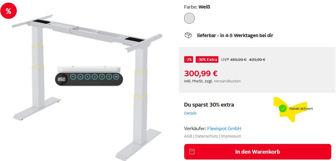 Flexispot E6 höhenverstellbares Tischgestell bis 125kg inkl. Memory Funktion für 300,99€ (statt 430€)