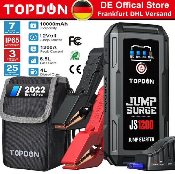 Topdon JS1200 Kfz Starthilfe mit 1200A & 10.000mAh für 44,87€ (statt 66€)