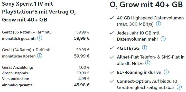 Sony Xperia 1 IV + PlayStation 5 Digital mit O2 Grow 40GB Allnet Flat für einmalig 45,98€ + 83,99€ mtl.