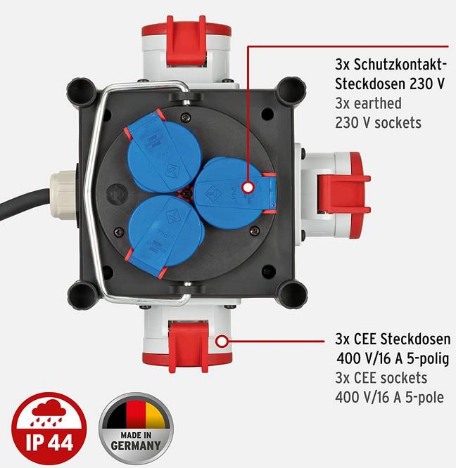 Brennenstuhl Gummi Stromverteiler, 1m Kabel, 3x CEE 400V/16A, 3x 230V/16A für 39,95€ (statt 45€)