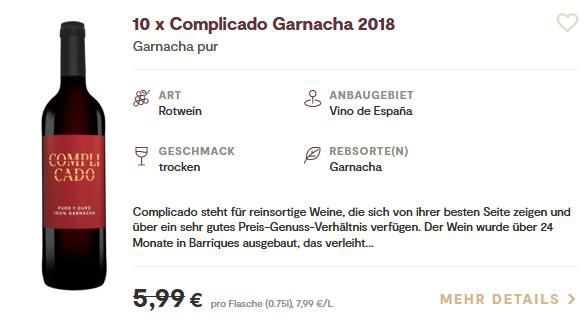10 Flaschen Complicado Garnacha 2018 + 2 Flaschen GRATIS für 52,89€ (statt 72€)