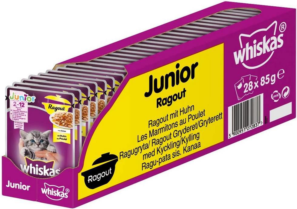 28er Pack Whiskas Junior Ragout Huhn in Gelee, 85g Beutel ab 10€ (statt 14€)   Prime Sparabo
