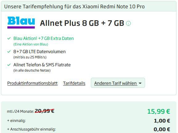Xiaomi Redmi Note 10 Pro mit 128GB für 1€ + o2 Allnet Flat mit 15GB LTE für 15,99€ mtl.