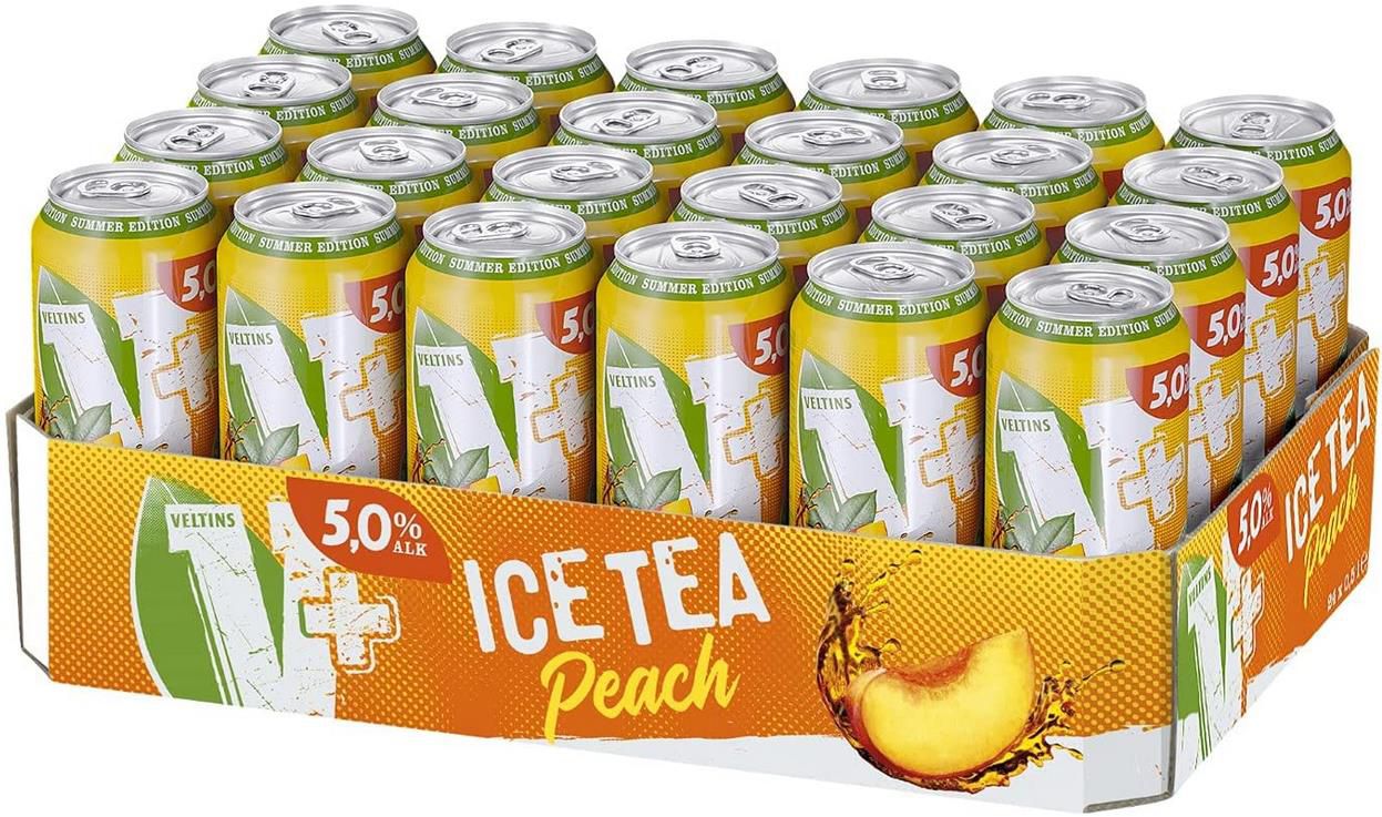 24er Pack Veltins V+ Ice Tea Peach Biermischgetränk, 0,5l Dosen für 14,99€ + Pfand (statt 21€)