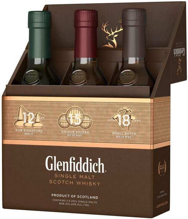 Glenfiddich Single Malt Scotch Whisky Collection Mix Pack, 3 x 0,2l für 32,79€ (statt 48€)