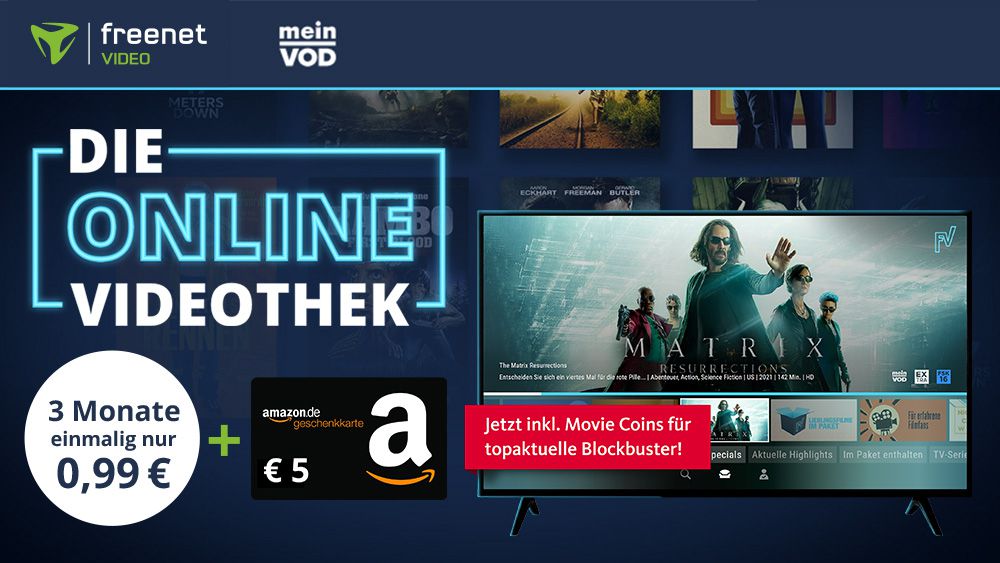 3 Monate Freenet Video für 0,99€ (statt 14,97€) + GRATIS 5€ Amazon Gutschein   z.B. The Matrix Resurrections