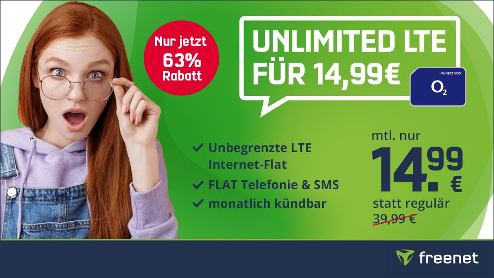 🔥 o2 Allnet inkl. unendlich LTE (10 Mbit/s) + Allnet für 14,99€ mtl.   jederzeit kündbar!