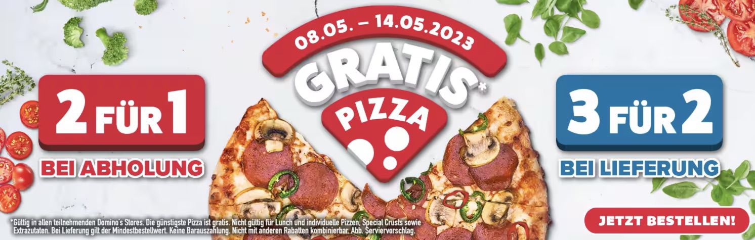 🍕 Dominos: 2 für 1 Pizzen bei Abholung oder 3 für 2 bei Lieferung