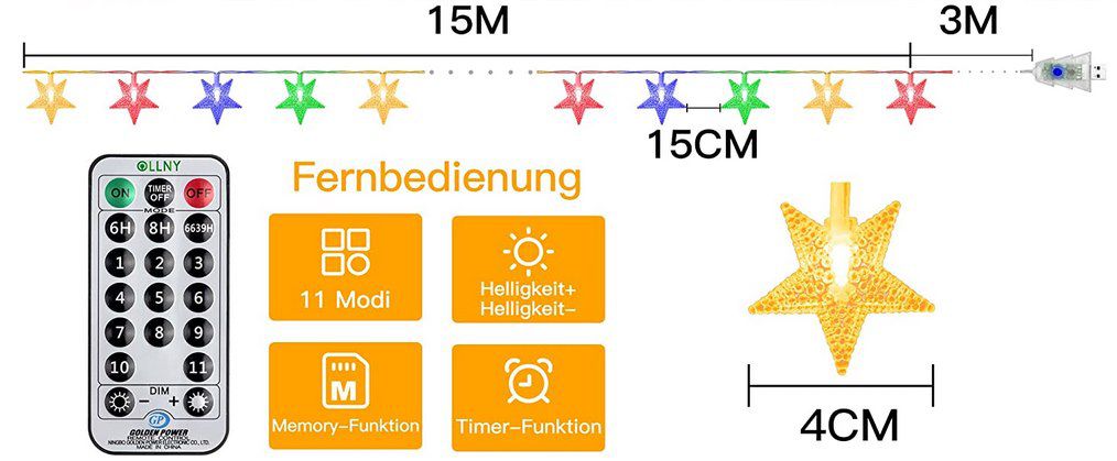 Ollny RGB LED Lichterkette mit 100 Sternen (15m) inkl. Fernbedienung für 9,49€ (statt 18€)   Prime