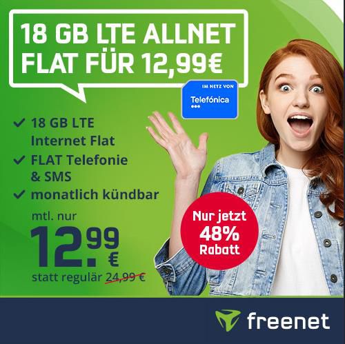 o2 Allnet-Flat mit 18GB LTE mit VoLTE &#038; Wifi Calling für 12,99€ mtl. &#8211; monatlich kündbar