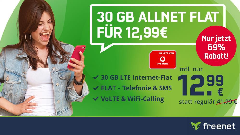 Vodafone Allnet Flat mit 30GB LTE für 12,99€ mtl.   eSIM möglich