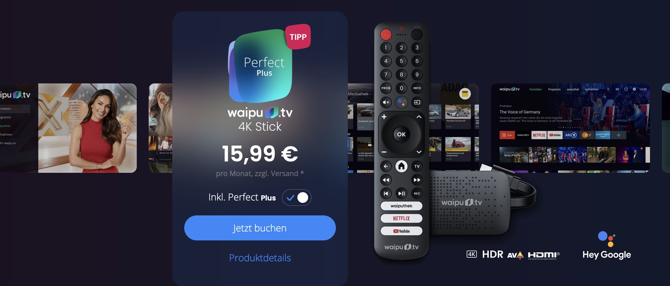 12 Monate waipu TV Perfect Plus inkl. Pay TV Sender + waipu 4K TV Stick für 15,99€ mtl.