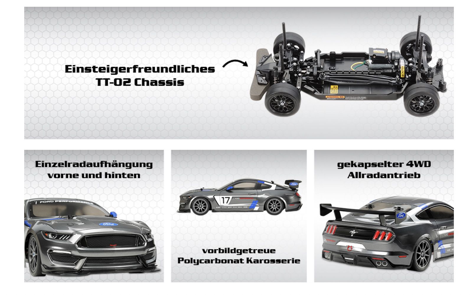 TAMIYA ferngesteuertes Auto   1:10 RC Ford Mustang GT4 TT 02 für 61€ (statt 123€)