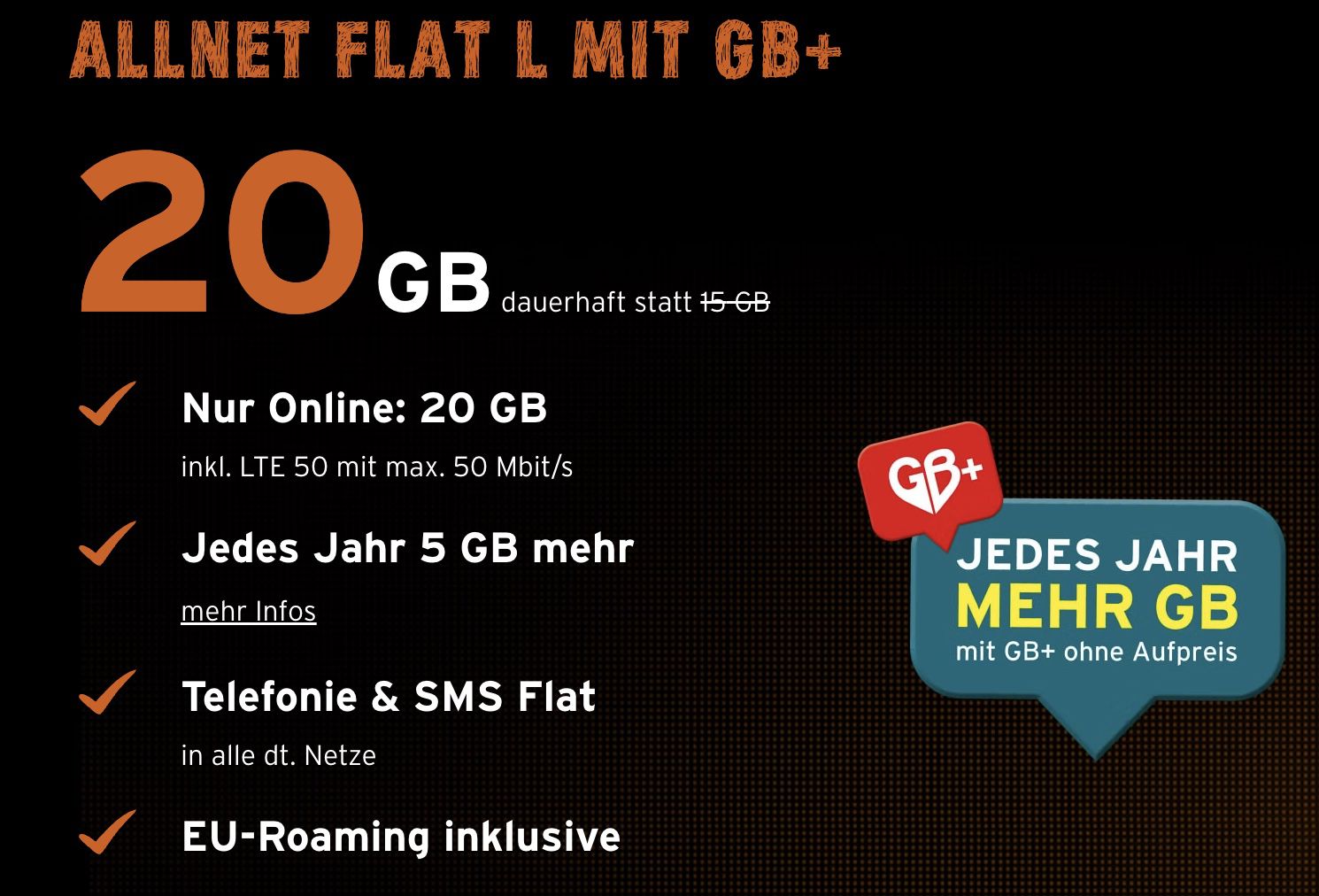 Telekom Allnet Flat mit 20GB LTE50 + jedes Jahr 5GB mehr ohne Aufpreis für 25€ mtl. + 80€ Gutschein