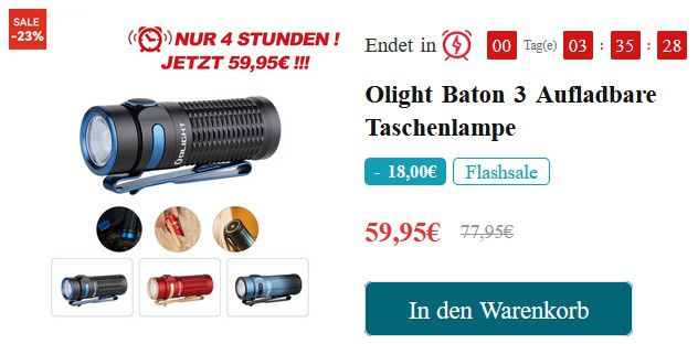 Olight Flash Sale mit guten LED Taschenlampen Angeboten: z.B. Olight Baton 3 für 59,95€ (statt 96€)